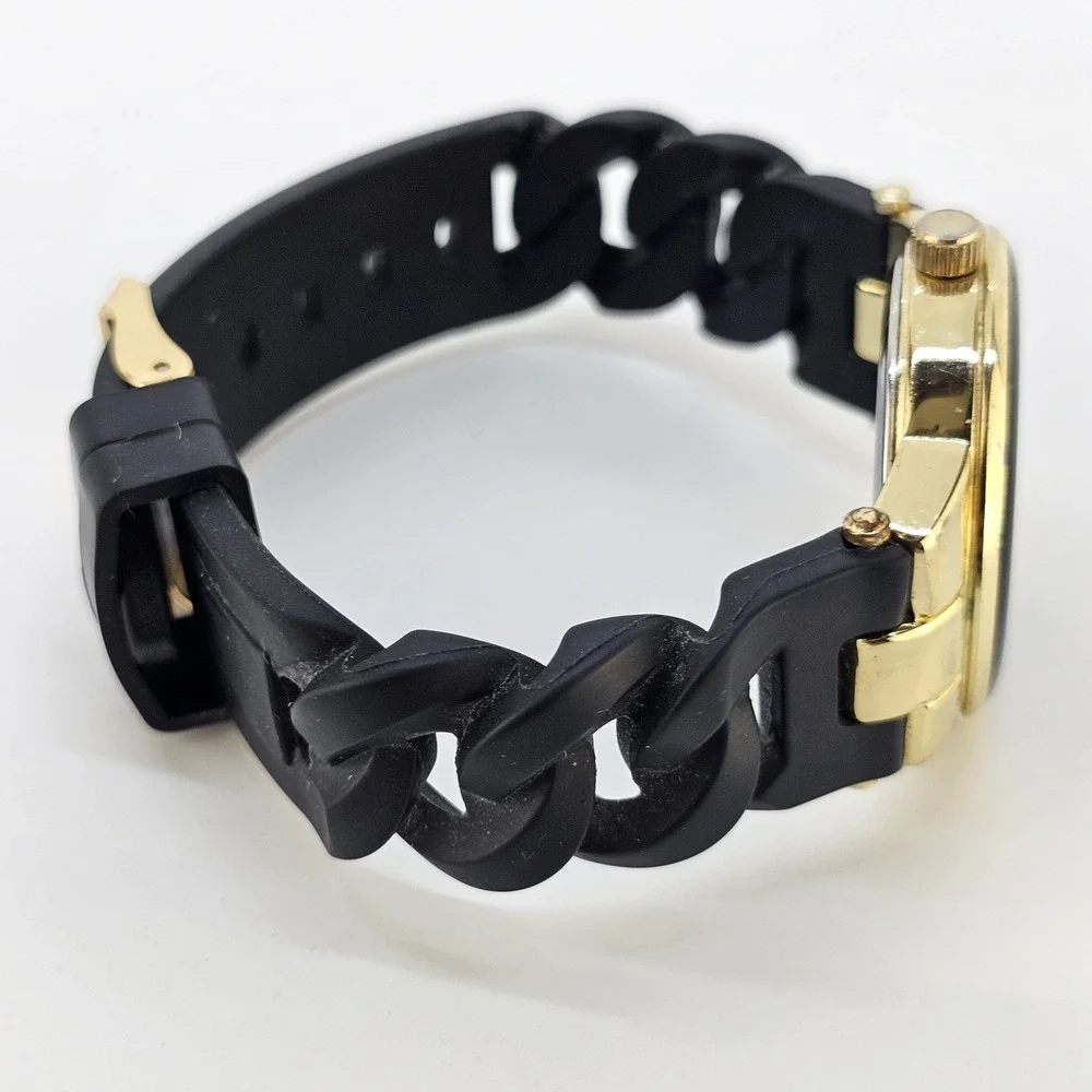 Women's Analog Watch 36MM Black Dial Black Plastic Bands NEW Battery